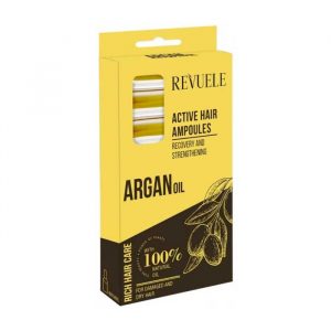 Revuele Argan Hair Ampoules box of 8, each 5ml, with golden argan oil design on white packaging