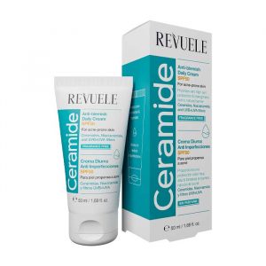 Revuele Ceramide Anti-Blemish Daily Cream SPF50+ 50ml tube with white cap on a clean background