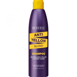 Revuele Anti-Yellow Blond Shampoo 300Ml bottle on white background, showing purple-tinted liquid and brand logo