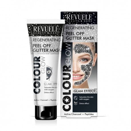 Revuele Peel Off Glitter Mask Black 80ml – tube packaging with shimmering black texture
