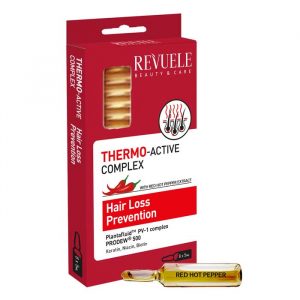 Revuele Thermo Active Hair Ampoules box with 8 individual 5ml vials against a white background