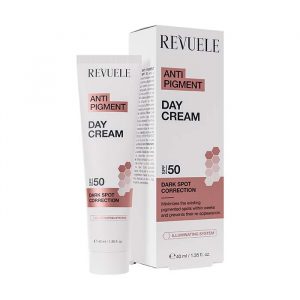 Tube of Revuele Anti Pigment Day Cream SPF 50 with clean white packaging and blue accents, on a minimalist surface