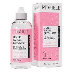 Revuele Illuminating Facial Scrub 125ml tube on white background, brightening formula with glycolic and citric acids