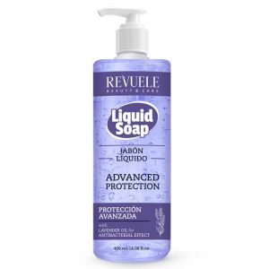 Revuele Liquid Soap Lavender 400ml bottle with lavender sprigs on a bathroom counter