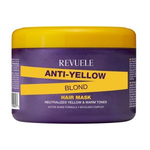 Revuele Anti-Yellow Blond Hair Mask in a violet-tinted jar, 500ml size, with a silver lid and white label.