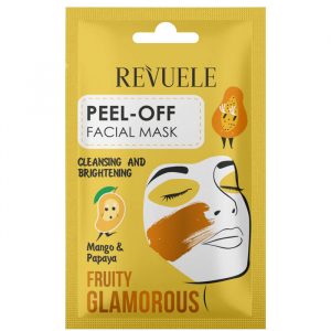 Revuele Fruity Glamorous peel-off mask tube front packaging with mango and papaya illustration