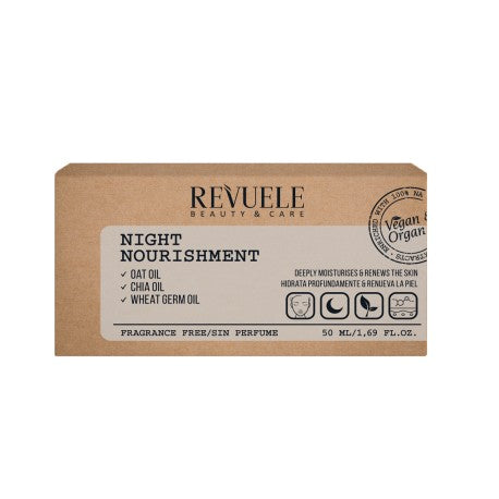 Revuele Vegan & Organic Night Oil 50ml bottle on a sleek countertop