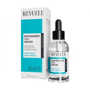 Revuele Niacinamide Serum 15% in a white bottle with dropper, placed on a clean surface