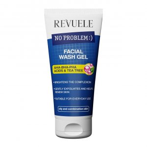 Revuele No Problem facial cleansing gel in a transparent tube with green and white label, placed on marble surface