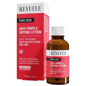 Revuele Pure Skin Anti-Pimple Drying Lotion bottle with dropper against clean background