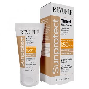 Revuele Sunprotect Tinted Sunscreen Cream SPF50+ in a white and orange tube with light tint shade
