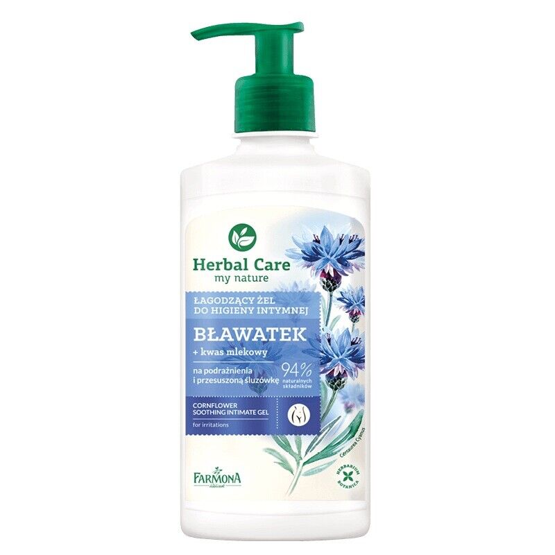 Farmona Herbal Care Intimate Gel Blawatek 94% in a 330ml white and green bottle with a flip-top cap