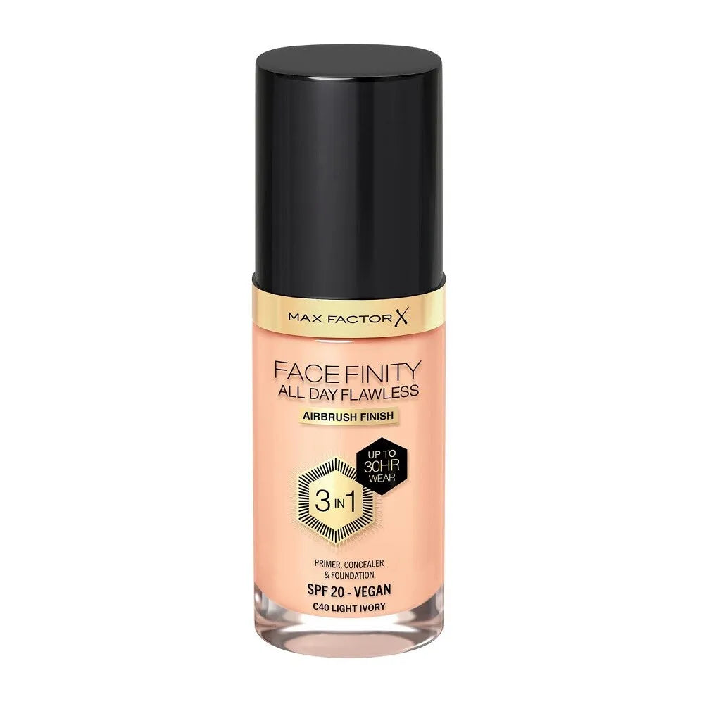 MAX FACTOR All Day Flawless Facefinity foundation bottle in shade NO.40, 30 ml, with sleek black cap and metallic label.