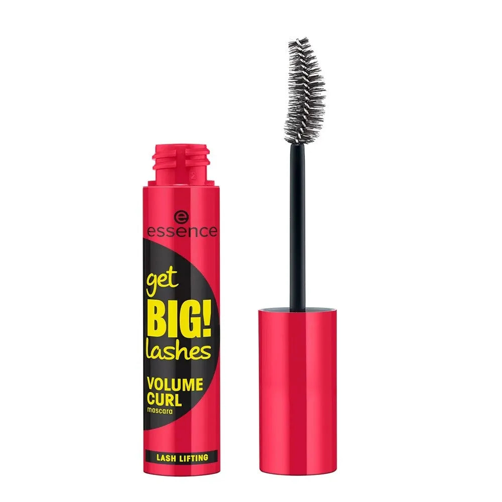 essence Get Big Lashes Volume Curl Mascara in black packaging with curved wand