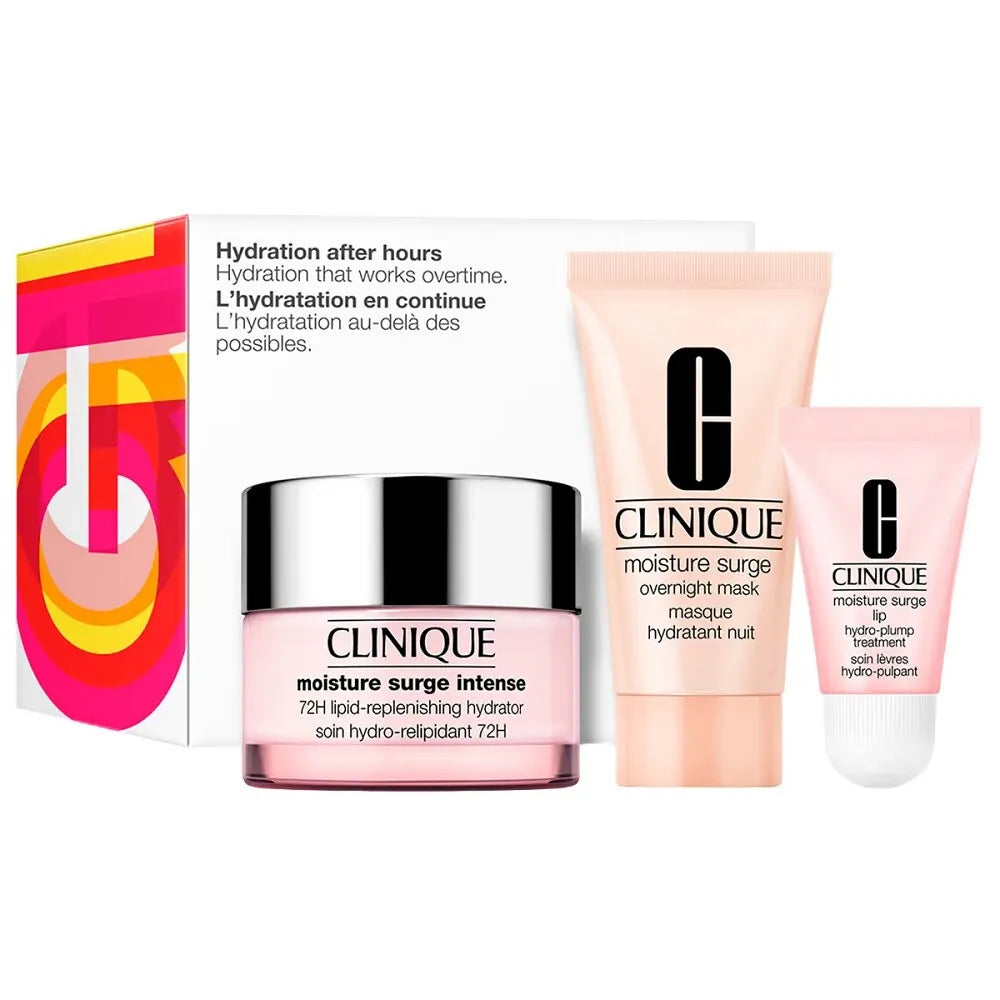 Clinique Moisture Surge Intense 72H Lipid-Reple gel-cream in a pink jar with silver lid, set on a clean white surface