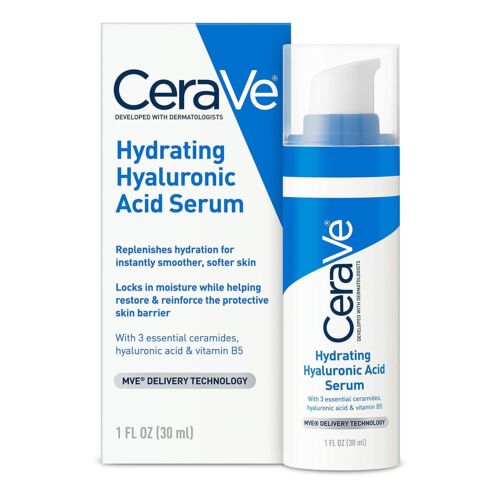 CeraVe Hydrating Hyaluronic Acid Serum 1Oz bottle with dropper against a white background
