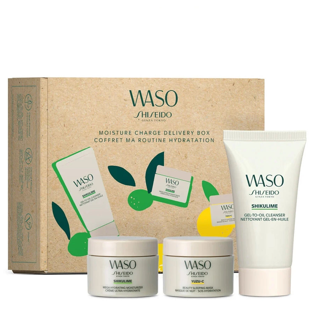 Shiseido Waso Moisture Charge Kit with three mini sizes of oil cleanser, moisturiser and sleeping mask