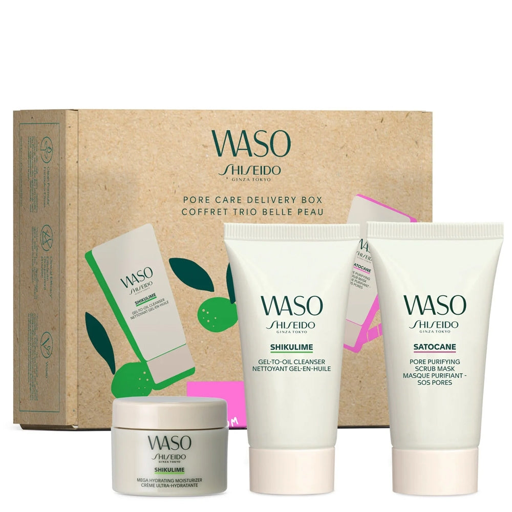 Shiseido Waso Pore Care Kit complete set with oil cleanser, moisturizer, and scrub mask