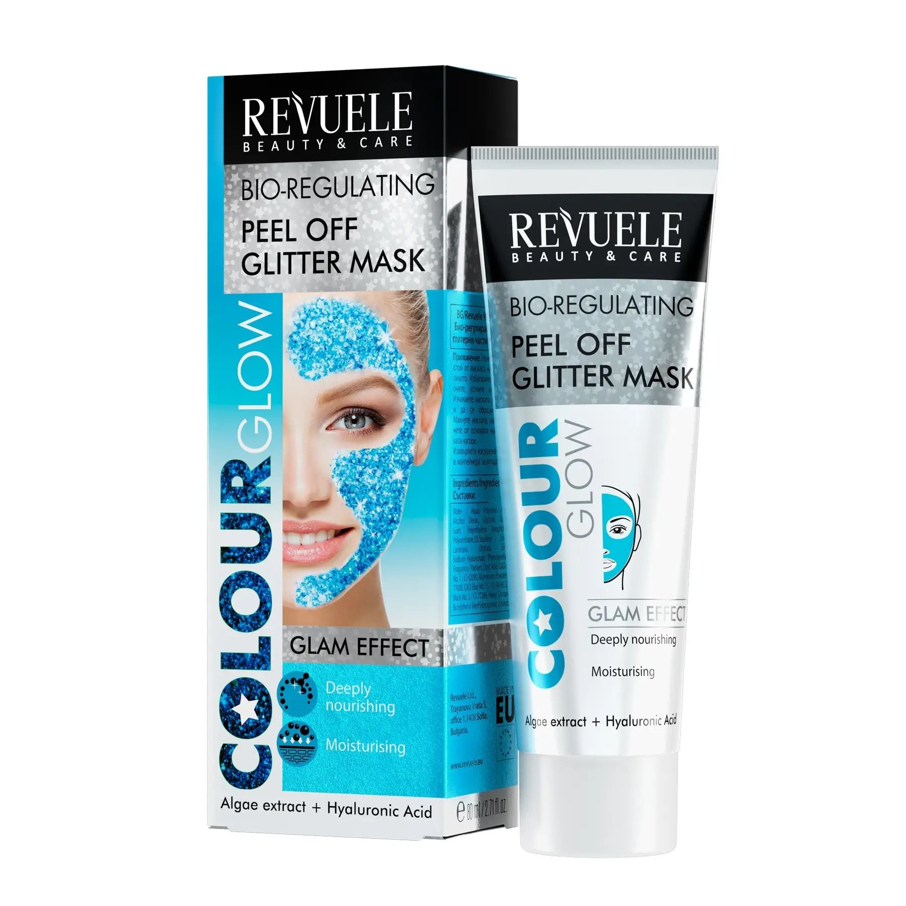 Revuele Peel Off Glitter Mask Blue 80Ml jar on a white surface with glittery blue texture visible